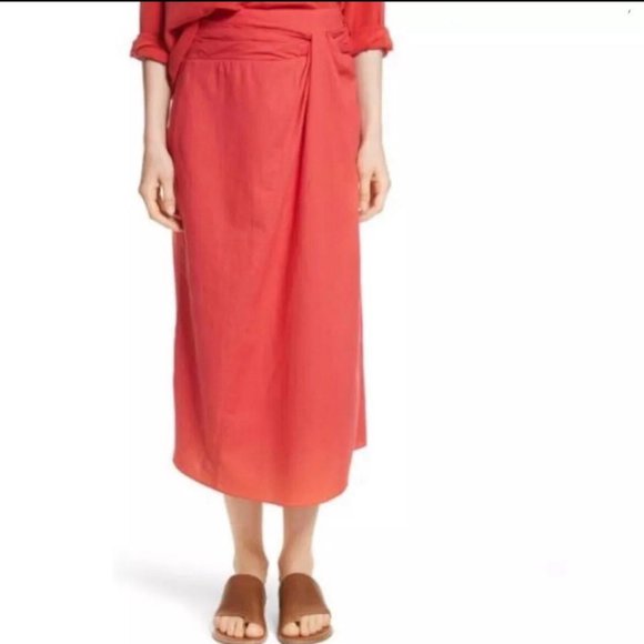 VINCE. Twist Front Detail 100% Cotton A-Line Skirt, Size 2- Poppy - $295 - Picture 1 of 14